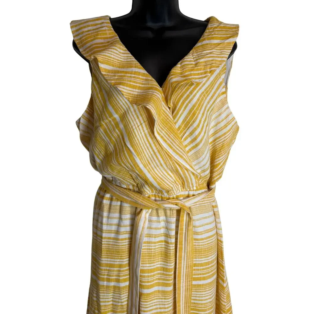 June & Hudson Yellow Stripe Ruffle Dress XL Linen Blend Belted Summer Beach EUC